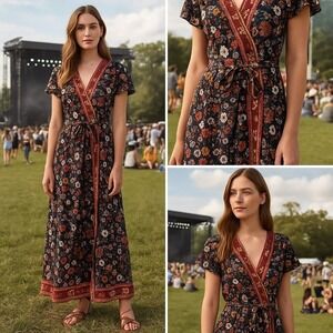 Xhilaration Maxi Dress Small Floral Faux‎ Wrap Flutter Sleeve Boho Cottagecore